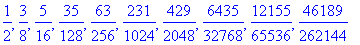 1/2, 3/8, 5/16, 35/128, 63/256, 231/1024, 429/2048, 6435/32768, 12155/65536, 46189/262144